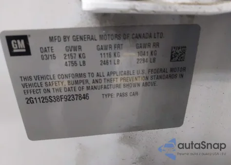 2015 Chevrolet Impala 2Lt из США, поврежденный, VIN 2G1125S38F9237846